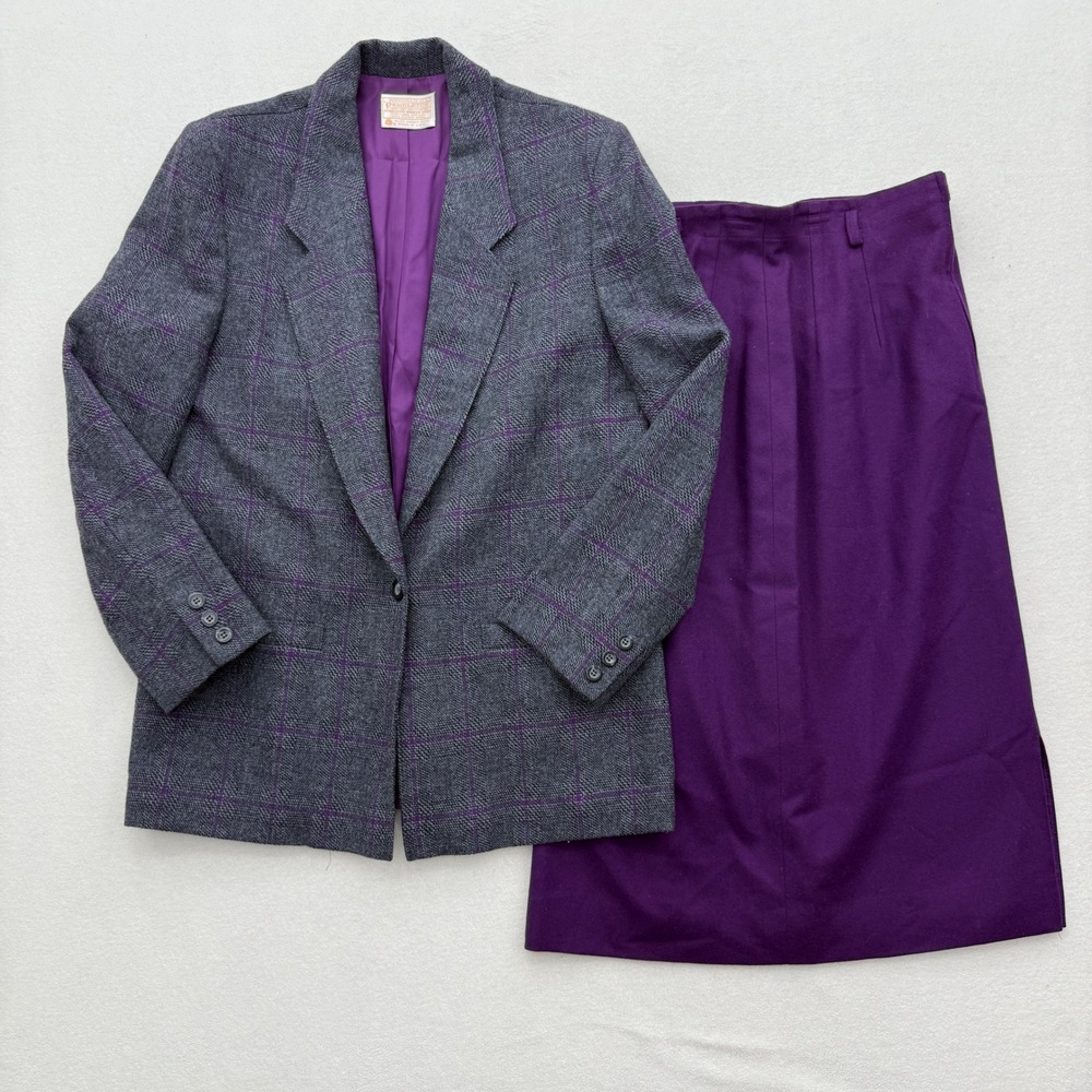 Pendleton Women's Size 10/12 Wool Blazer Skirt Suit Set Gray Plaid Purple Lined